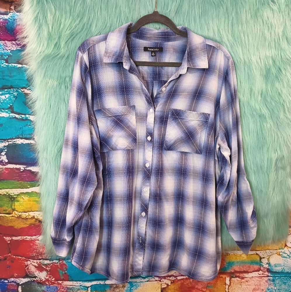 Relativity Blue and White Plaid Button Down Long Sleeve Shirt Size 2X